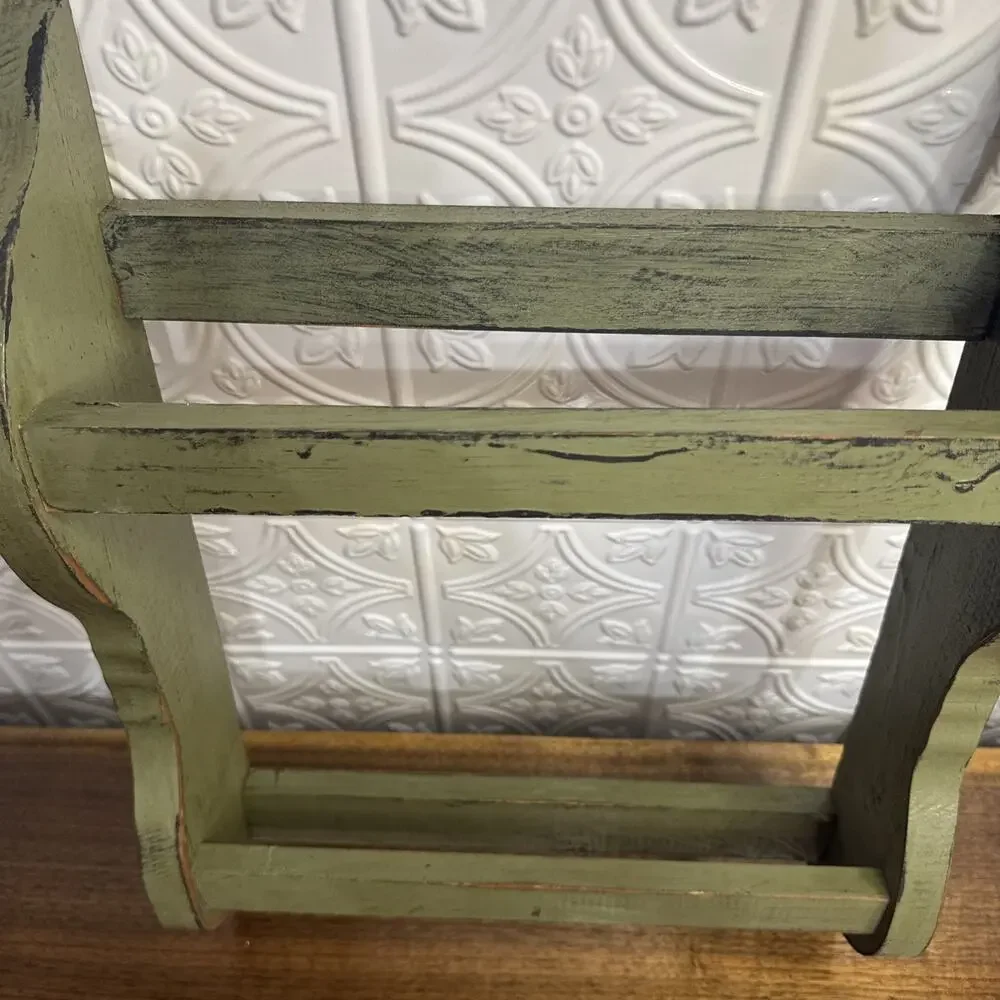 Arts Crafts Scroll Side 2-Tier Wood Wall Rack Shelf Linen/Towel Distressed Green